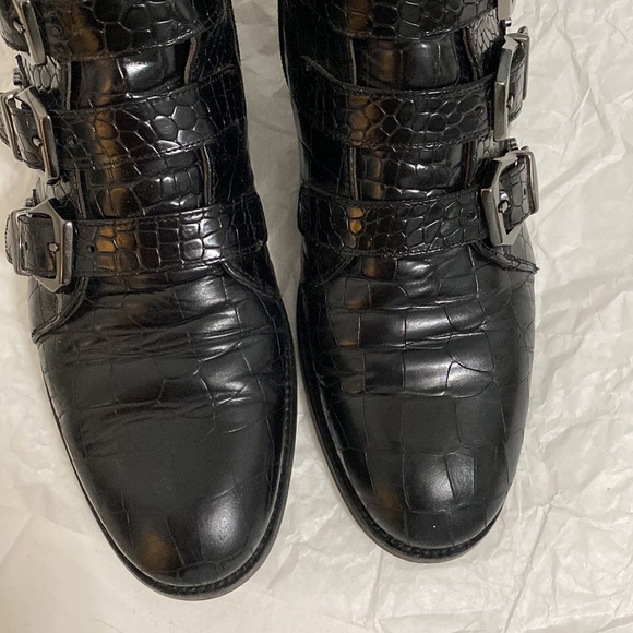 Black Leather Buckle Studded Moto Biker Ankle boots - Picture 8 of 16